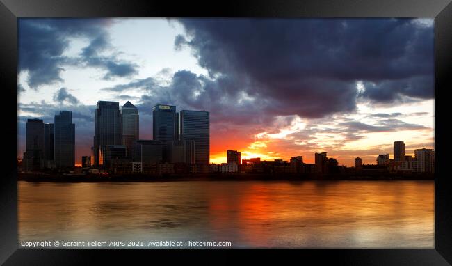 Midsummer sunset over Canary Wharf from Greenwich Peninsula, London, England, UK Framed Print by Geraint Tellem ARPS