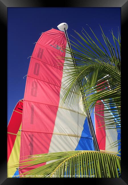 Catamaran sails near Port St Charles, west coast, Barbados Framed Print by Geraint Tellem ARPS
