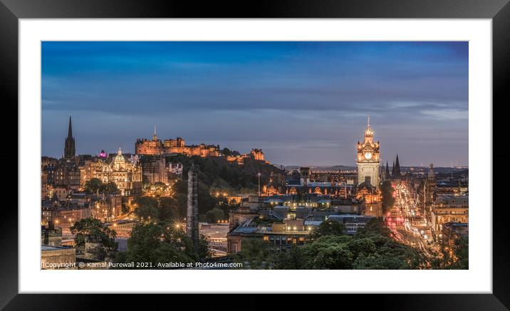 Edinburgh at Night Framed Mounted Print by Kamal Purewall