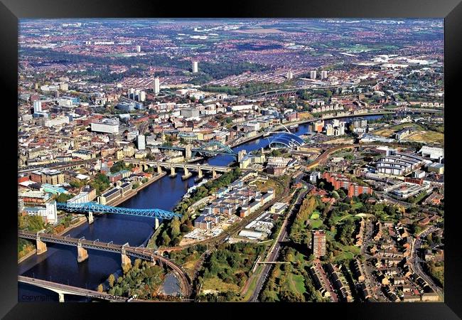 Aerial view Newcastle river-tyne bridges Framed Print by mick vardy