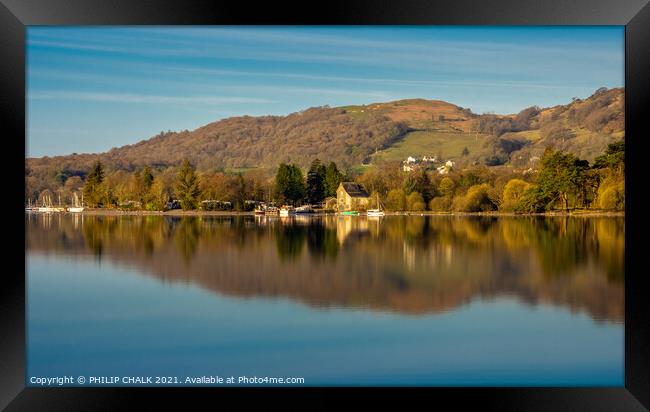 Coniston water boat house reflection in the lake district Cumbria 505  Framed Print by PHILIP CHALK