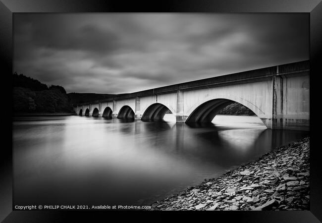 Lady bower Derwent  reservoir bridge black and whi Framed Print by PHILIP CHALK