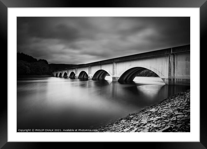 Lady bower Derwent  reservoir bridge black and whi Framed Mounted Print by PHILIP CHALK
