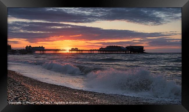Cromer pier sunset and surf 920 Framed Print by PHILIP CHALK
