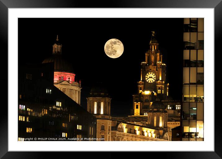 Liver building clock and the full moon 1052 Framed Mounted Print by PHILIP CHALK