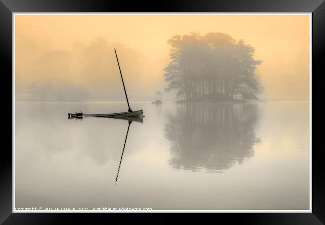 Dead calm on Coniston water mist 02 Framed Print by PHILIP CHALK