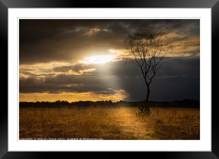 Strensall common sunset with light beam 09 Framed Mounted Print by PHILIP CHALK