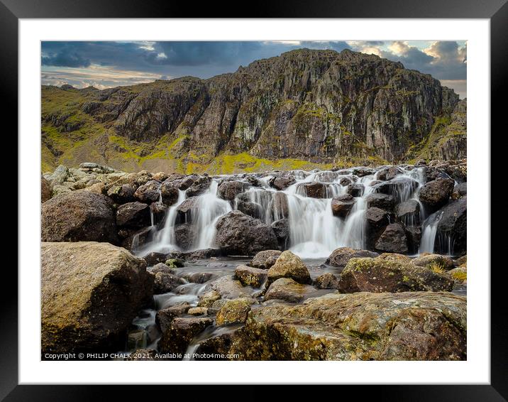 Stickle tarn waterfall  situated in the Langdale area of Cumbria  Framed Mounted Print by PHILIP CHALK