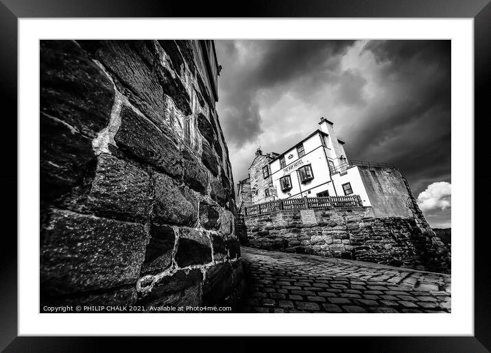 Robin Hoods Bay Black and white 20 Framed Mounted Print by PHILIP CHALK