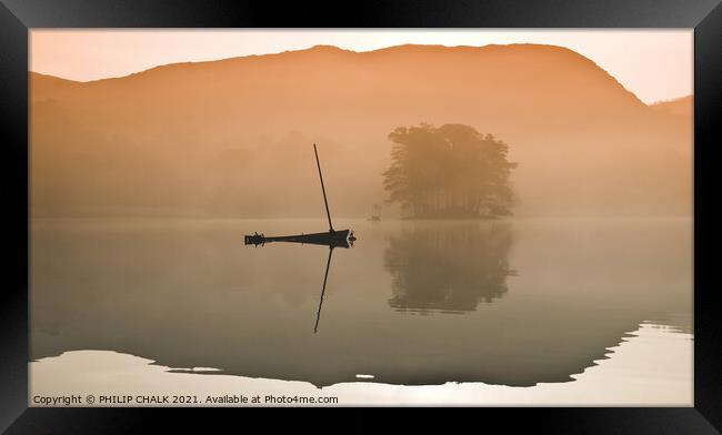 Lone boat on a misty Coniston water 109 Framed Print by PHILIP CHALK