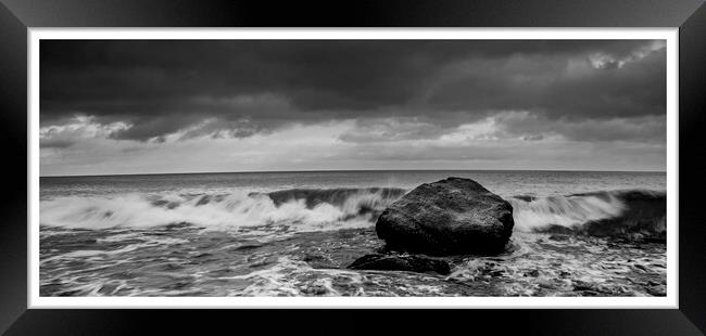 black and white rock in the sea with tide coming in 182 Framed Print by PHILIP CHALK