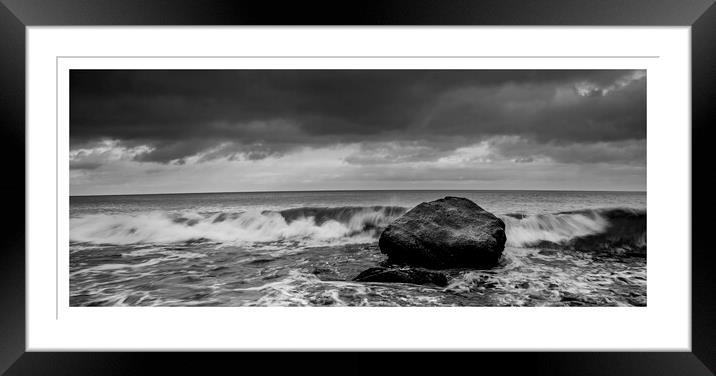 black and white rock in the sea with tide coming in 182 Framed Mounted Print by PHILIP CHALK
