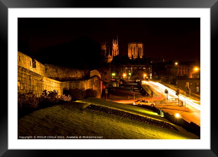 York Minster and bar walls by night. 214 Framed Mounted Print by PHILIP CHALK