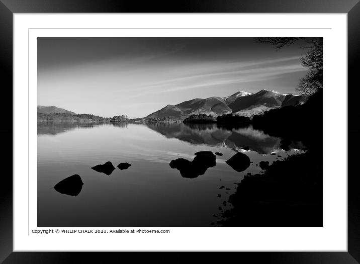 Derwent water looking towards Keswick  in monochrome (black and white)  Framed Mounted Print by PHILIP CHALK