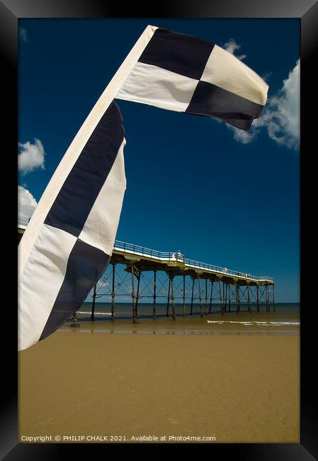 Saltburn pier and flag 358  Framed Print by PHILIP CHALK