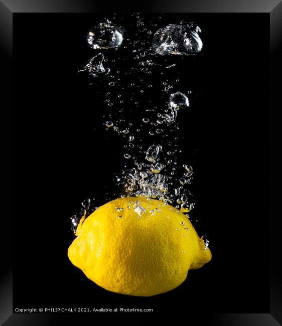 Lemon sinking in water and bubbles still life 440 Framed Print by PHILIP CHALK