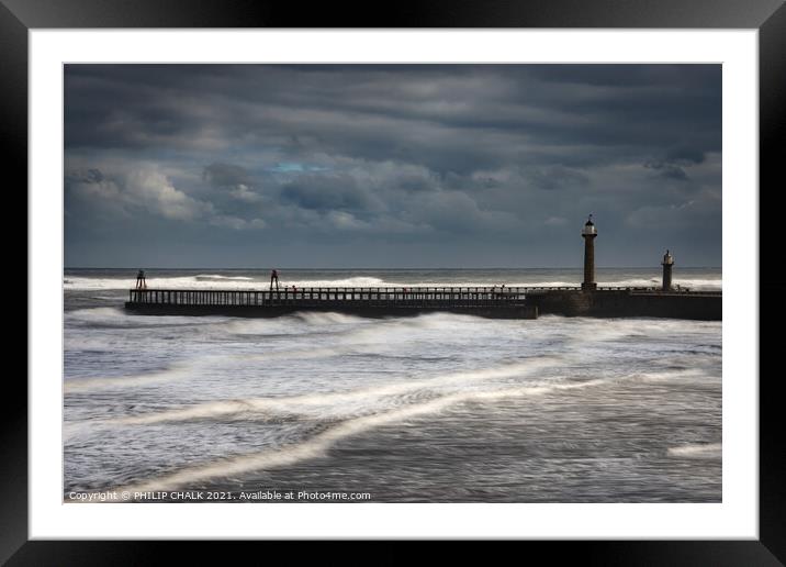 Rough tide at Whitby west  pier 467  Framed Mounted Print by PHILIP CHALK
