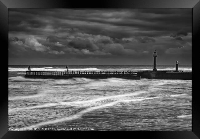 Whitby west pier in a storm 472  Framed Print by PHILIP CHALK