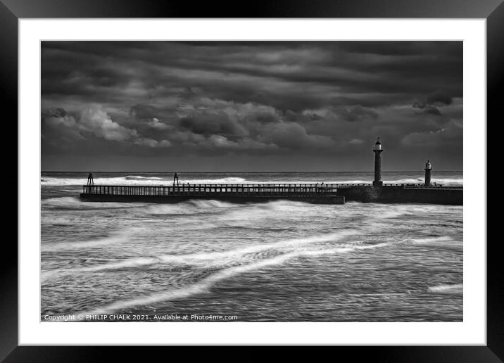 Whitby west pier in a storm 472  Framed Mounted Print by PHILIP CHALK