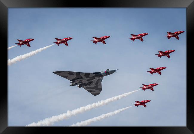 Vulcan XH558 and The Red Arrows Framed Print by Jeni Harney