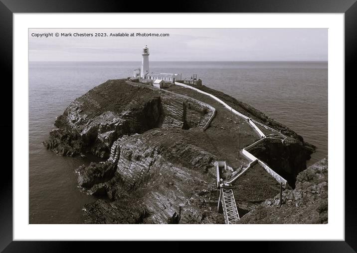South Stack lighthouse Black and White Framed Mounted Print by Mark Chesters