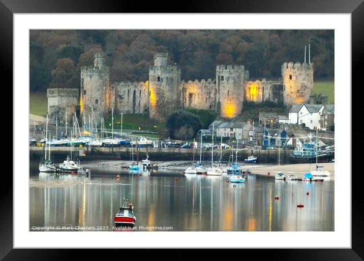 Conwy Castle and boats at dusk Framed Mounted Print by Mark Chesters