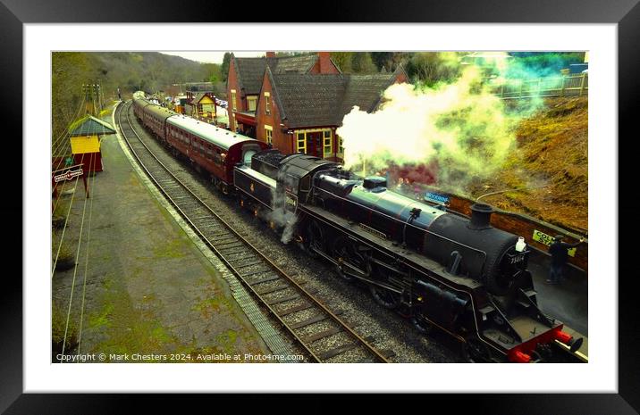 Steam train departing the station Framed Mounted Print by Mark Chesters