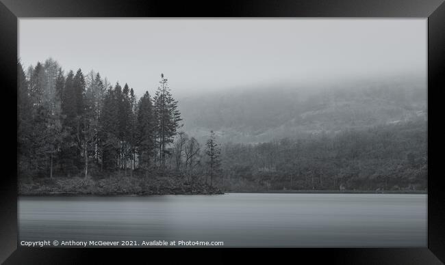 Misty Loch Ard in black and white  Framed Print by Anthony McGeever