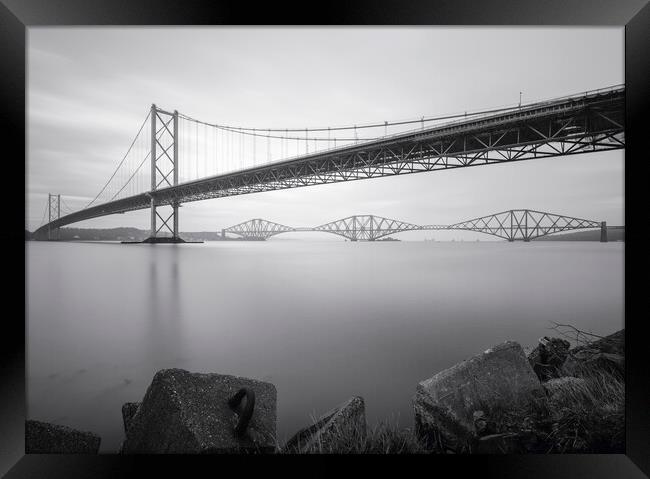 The Forth Bridges black and white Framed Print by Anthony McGeever