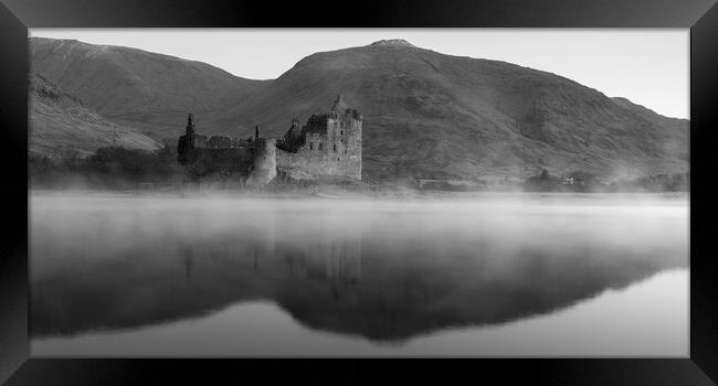 Misty Kilchurn Castle black and white  Framed Print by Anthony McGeever