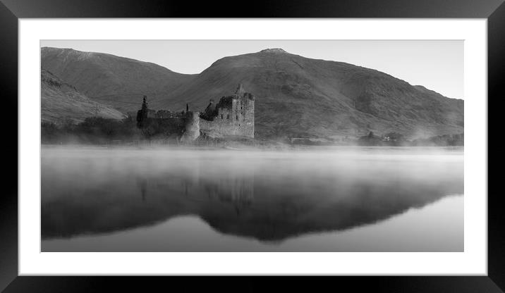 Misty Kilchurn Castle black and white  Framed Mounted Print by Anthony McGeever
