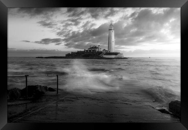 St Marys Lighthouse B&W Framed Print by Anthony McGeever