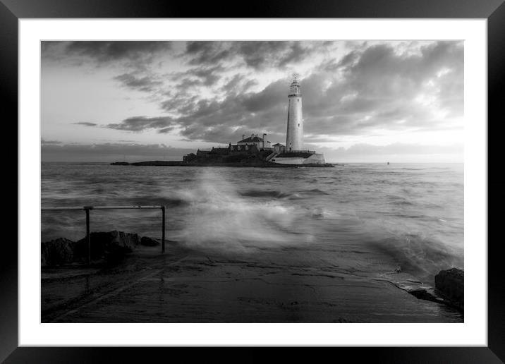 St Marys Lighthouse B&W Framed Mounted Print by Anthony McGeever