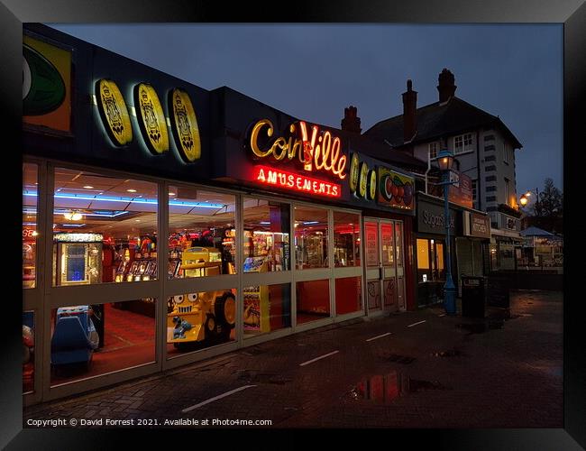 Coinsville Amusements Skegness at night Framed Print by David Forrest