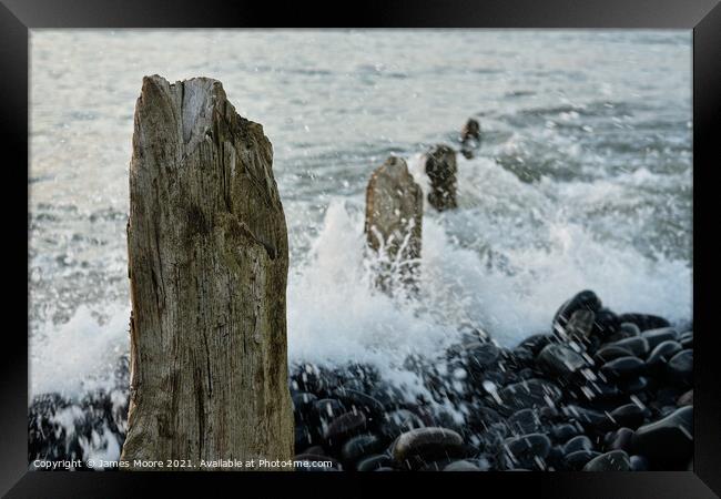 Groynes at Westward Ho! beach Framed Print by James Moore