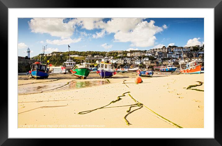 Boats in the St Ives Harbour Framed Mounted Print by Lesley Pegrum