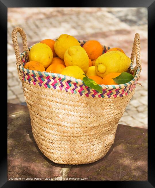 A basket of oranges and lemons Framed Print by Lesley Pegrum
