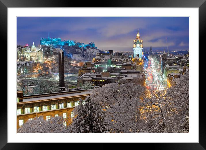Edinburgh city at night covered in snow.  Framed Mounted Print by Andrea Obzerova
