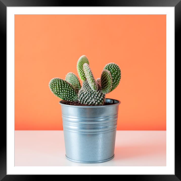 Cactus plant in metal pot against orange colored wall. Framed Mounted Print by Andrea Obzerova