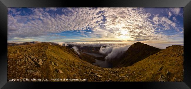 Snowdon panoramic in the early morning looking towards the peak and Crib Goch. Framed Print by Ed Whiting