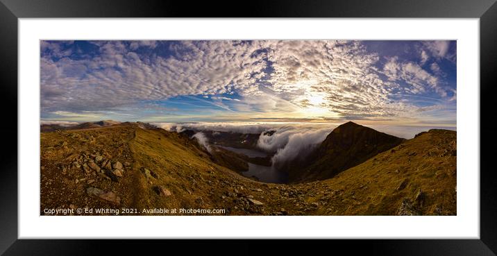 Snowdon panoramic in the early morning looking towards the peak and Crib Goch. Framed Mounted Print by Ed Whiting