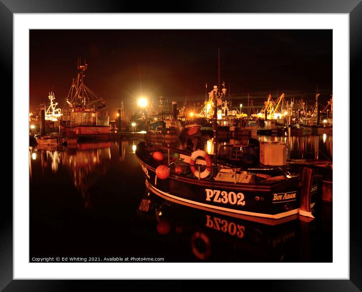 Night time at NewLyn Harbour, Cornwall Framed Mounted Print by Ed Whiting