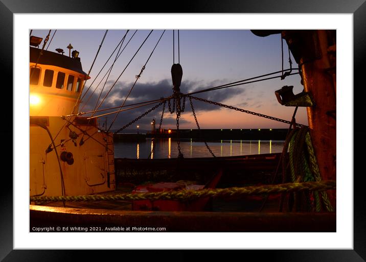 Fishing Trawler at sunrise in the harbour at Newlyn, Cornwall. Framed Mounted Print by Ed Whiting