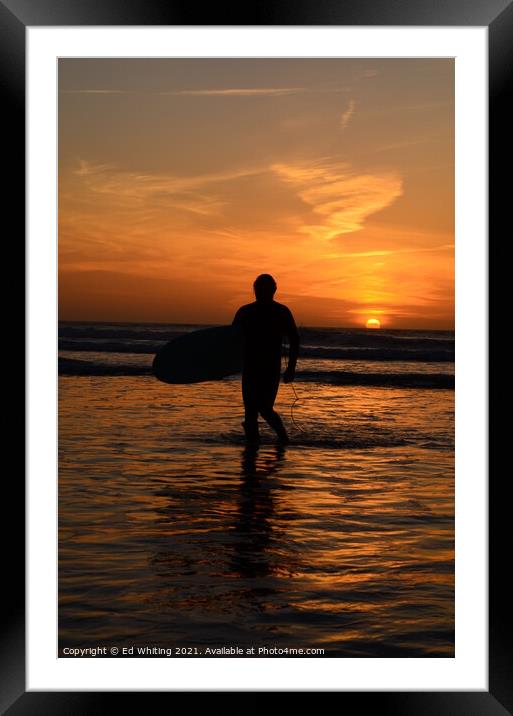 Surfer in a Cornish sunset. Framed Mounted Print by Ed Whiting