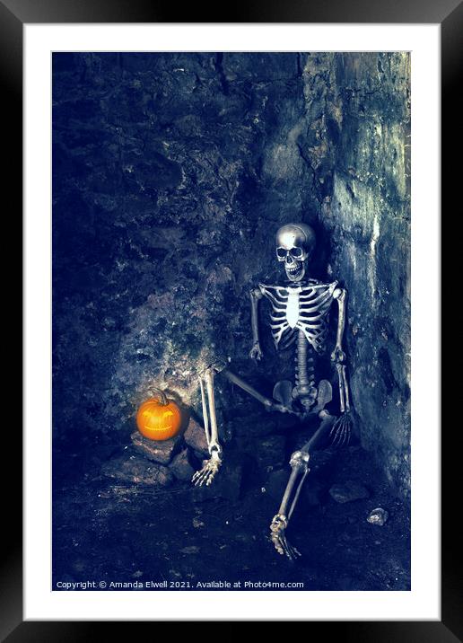 Skeleton With Jack O Lantern Framed Mounted Print by Amanda Elwell