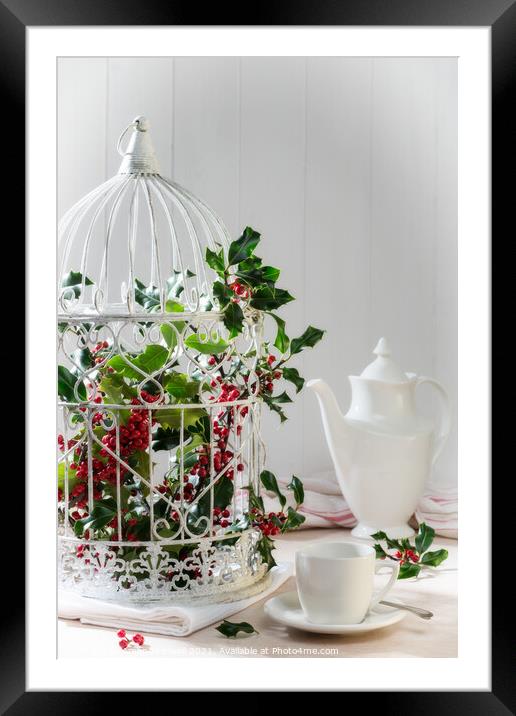 Holly & Berries Birdcage Framed Mounted Print by Amanda Elwell