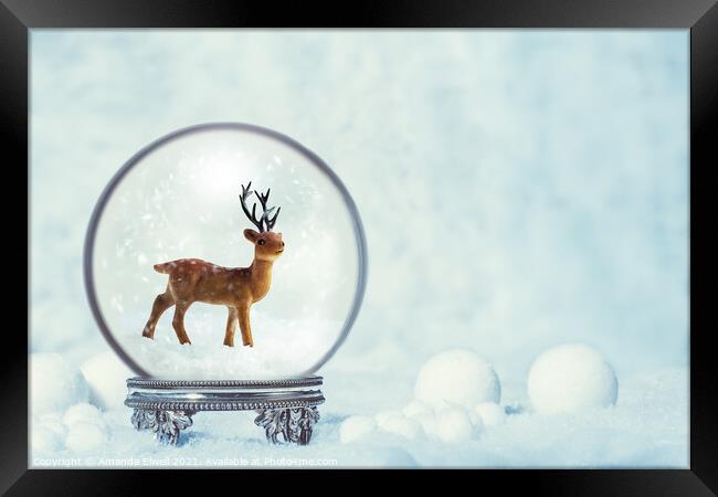 Winter Snow Globe With Reindeer Figure Framed Print by Amanda Elwell