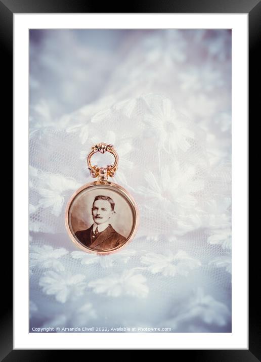 Antique gold photo locket with portrait of gentleman Framed Mounted Print by Amanda Elwell