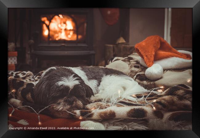 Dog Sleeping By Roaring Log Fire Framed Print by Amanda Elwell