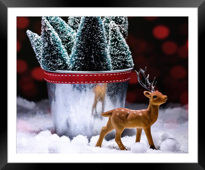 Reindeer Figure With Christmas Trees Framed Mounted Print by Amanda Elwell